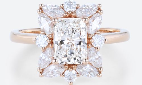 1ct Colorless VS+ Radiant Cut Lab Grown Diamond Cluster Halo 4-Prong Engagement Ring in Rose Gold (1) 1ct Lab Grown Diamond Ring Halo Rings Radiant Cut Engagement Ring in rose gold