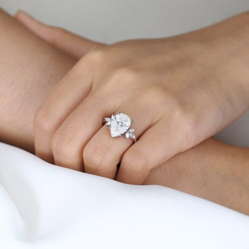 2ct Colorless VS+ Pear Cut Lab Grown Diamond Wing-Inspired 4-Prong Engagement Ring in White Gold