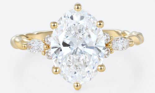 3 Carat Lab Grown Diamond Engagement Ring Twist 6 Prong Ring in yellow gold