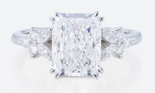 3ct Colorless VS+ Radiant Cut Lab Grown Diamond Floral 4 Double Claw Prong Engagement Ring in White Gold (1) 3 Carat Lab Grown Diamond Ring Radiant Cut Floral 4 Double Claw Prong Engagement Ring in White Gold