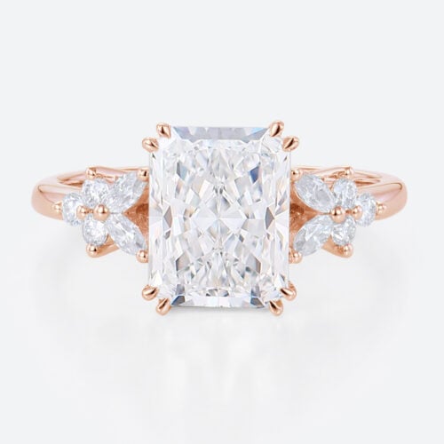 3 Carat Lab Grown Diamond Ring Radiant Cut Floral 4 Double Claw Prong Engagement Ring in Rose Gold