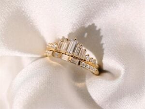 2PCS Solid Gold Baguette Cut Moissanite Rings Stacking Wedding Bands