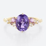 Lab Purple Sapphire Ring​ 3 Carat Oval Delicate Floral Engagement Ring in Yellow Gold