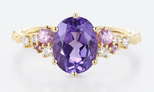 Lab Purple Sapphire Ring​ 3 Carat Oval Delicate Floral Engagement Ring in Yellow Gold