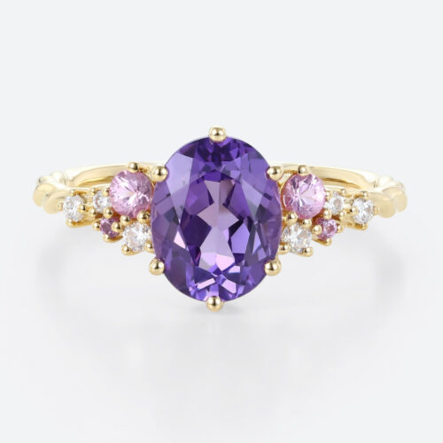 Lab Purple Sapphire Ring​ 3 Carat Oval Delicate Floral Engagement Ring in Yellow Gold