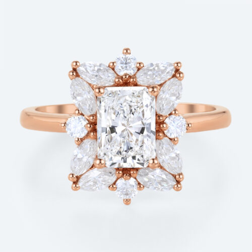 1ct Lab Grown Diamond Ring Halo Rings​ Radiant Cut Engagement Ring in rose gold