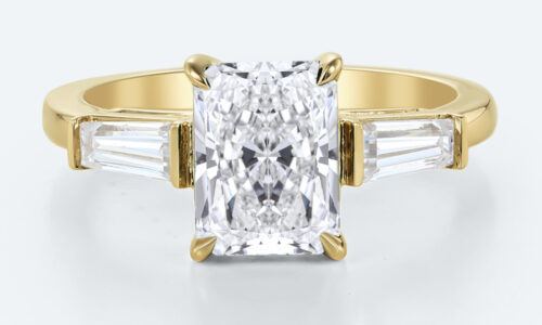 Radiant Cut Diamond Engagement Ring Three Stone Lab Diamond Rings in Yellow Gold