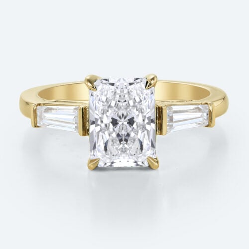 Radiant Cut Diamond Engagement Ring Three Stone Lab Diamond Rings in Yellow Gold