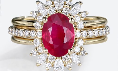 Yellow Gold Oval Cut Lab Grown Ruby Ring Set 3PCS Pave Engagement Ring