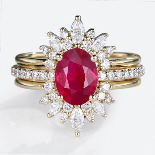 Yellow Gold Oval Cut Lab Grown Ruby Ring Set 3PCS Pave Engagement Ring