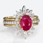 Yellow Gold Oval Cut Lab Grown Ruby Ring Set 3PCS Pave Engagement Ring