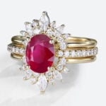 Yellow Gold Oval Cut Lab Grown Ruby Ring Set 3PCS Pave Engagement Ring