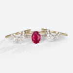 Yellow Gold Oval Cut Lab Grown Ruby Ring Set 3PCS Pave Engagement Ring