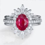 White Gold Oval Cut Lab Grown Ruby Ring Set 3PCS Pave Engagement Ring