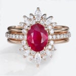 Rose Gold Oval Cut Lab Grown Ruby Ring Set 3PCS Pave Engagement Ring