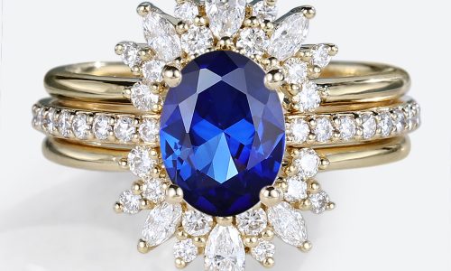 Yellow Gold Oval Lab Created Sapphire​ Ring with Pave Floral Design Bridal Ring Set
