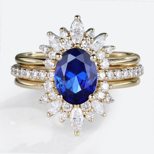 Yellow Gold Oval Lab Created Sapphire​ Ring with Pave Floral Design Bridal Ring Set