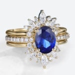 Yellow Gold Oval Lab Created Sapphire​ Ring with Pave Floral Design Bridal Ring Set