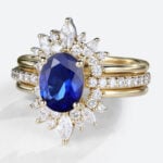 Yellow Gold Oval Lab Created Sapphire​ Ring with Pave Floral Design Bridal Ring Set