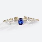 Yellow Gold Oval Lab Created Sapphire​ Ring with Pave Floral Design Bridal Ring Set