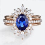 Rose Gold Oval Lab Created Sapphire​ Ring with Pave Floral Design Bridal Ring Set