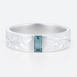 Baguette Cut Green Sapphire Finish Matte Wide Wedding Band in white gold