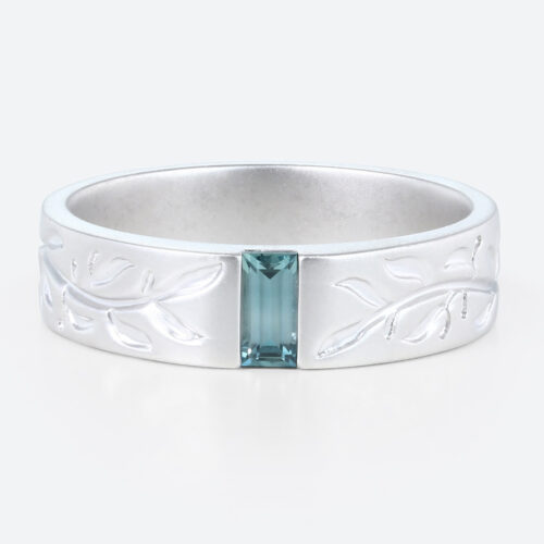Baguette Cut Green Sapphire Finish Matte Wide Wedding Band in white gold