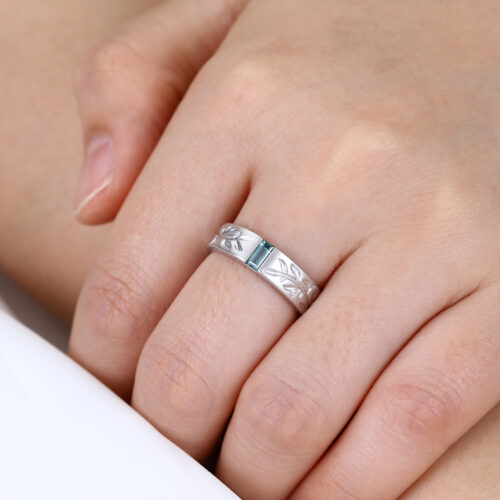 Baguette Cut Green Sapphire Finish Matte Wide Wedding Band in white gold