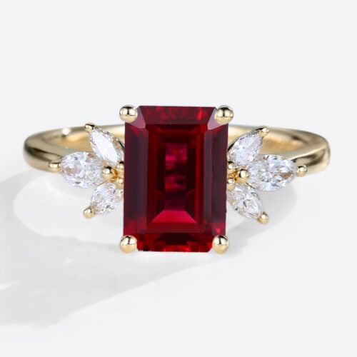 Lab Created Ruby and Diamond Cluster Ring Simple Gold Rings for Ladies