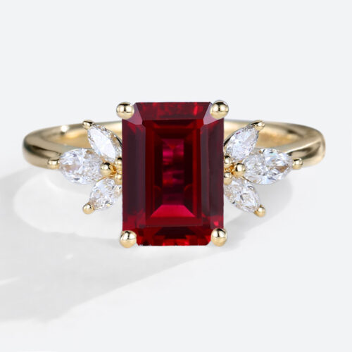 Lab Created Ruby and Diamond Cluster Ring Simple Gold Rings for Ladies
