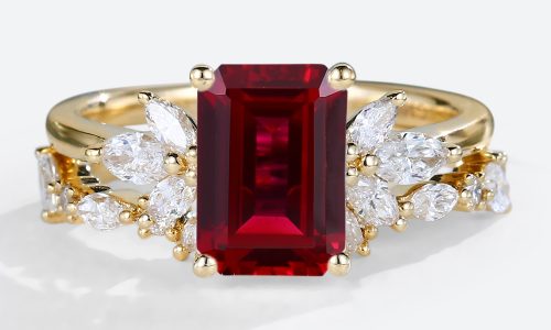 Yellow Gold Emerald Cut Lab Grown Ruby​ with Marquise Accented Bridal Set
