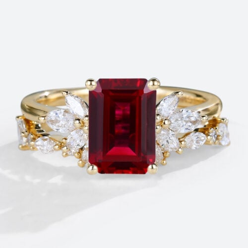 Yellow Gold Emerald Cut Lab Grown Ruby​ with Marquise Accented Bridal Set