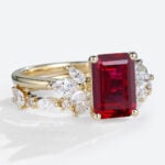 Yellow Gold Emerald Cut Lab Grown Ruby​ with Marquise Accented Bridal Set