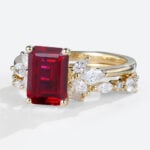 Yellow Gold Emerald Cut Lab Grown Ruby​ with Marquise Accented Bridal Set