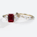 Yellow Gold Emerald Cut Lab Grown Ruby​ with Marquise Accented Bridal Set