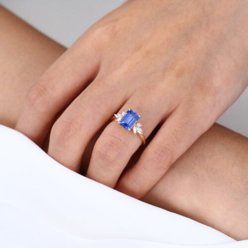 Engagement Rings Emerald Cut Lab Created Sapphire Rings Classic Elegance Cluster