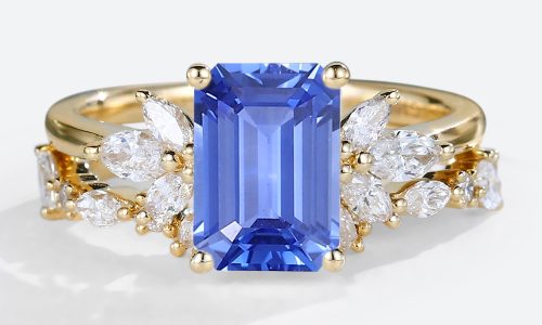 Yellow Gold Emerald Cut Lab Grown Sapphire Floral Bridal Set with Intricate Wedding Band