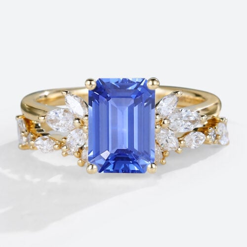 Yellow Gold Emerald Cut Lab Grown Sapphire Floral Bridal Set with Intricate Wedding Band
