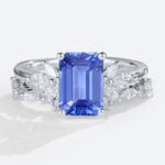 Emerald Cut Lab Grown Sapphire Floral Bridal Set with Intricate Wedding Band