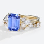 Emerald Cut Lab Grown Sapphire Floral Bridal Set with Intricate Wedding Band