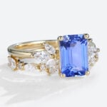 Emerald Cut Lab Grown Sapphire Floral Bridal Set with Intricate Wedding Band