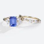 Emerald Cut Lab Grown Sapphire Floral Bridal Set with Intricate Wedding Band