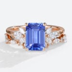 Rose Gold Emerald Cut Lab Grown Sapphire Floral Bridal Set with Intricate Wedding Band