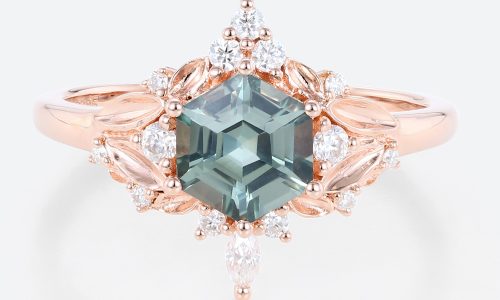 Hexagon Cut Green Sapphire Ring Vintage Rose Gold Ring Jewellery