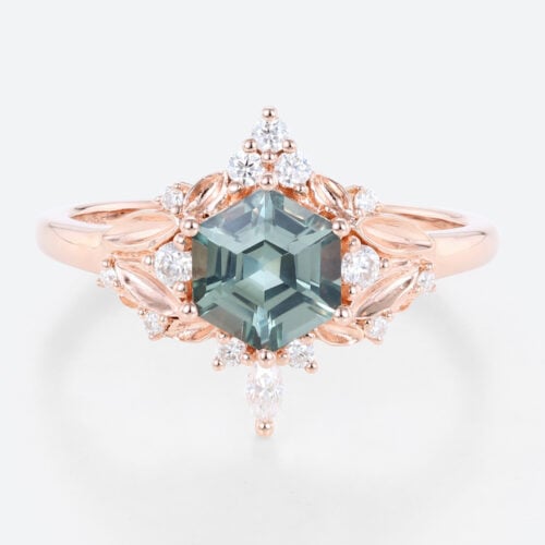 Green Sapphire Rose Gold Ring Hexagon Cut Engagement Ring