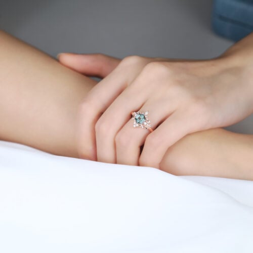 Green Sapphire Rose Gold Ring Hexagon Cut Engagement Ring
