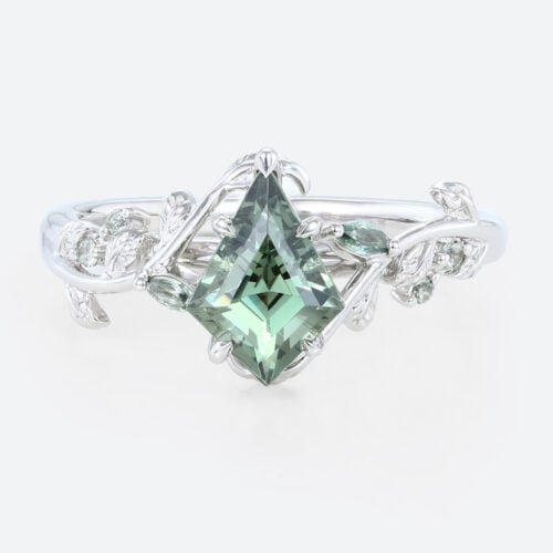 Kite Cut Green Sapphire Rings Nature-Inspired Engagement Ring with Botanical Design in white gold