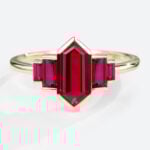 Lab Made Ruby Rings Long Hexagon Cut Engagement Ring Simple in yellow gold