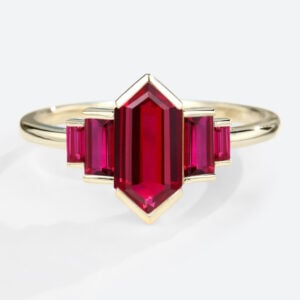 Lab Made Ruby Rings Long Hexagon Cut Engagement Ring Simple in yellow gold