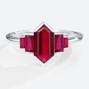 Lab Made Ruby Rings Long Hexagon Cut Engagement Ring Simple in white gold